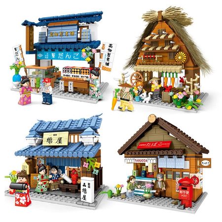 Kids Japanese City Architecture Food Shop Building Block Street View Retail Store Restaurant House Set Model Figures Bricks Toys
