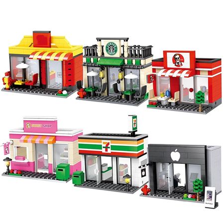 City Mini street Retail Store ville shop Miniature Building Block road corner 3D Model Cafe Leduo brand City tiendas toy