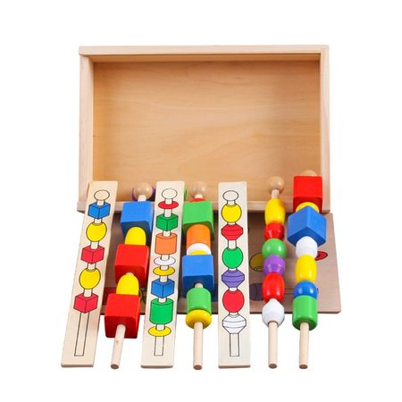 Wooden Montessori Materials Game for Kid Children Bead Sequencing Set Colorful Shape Stick Beading Beading Block Classic Toys