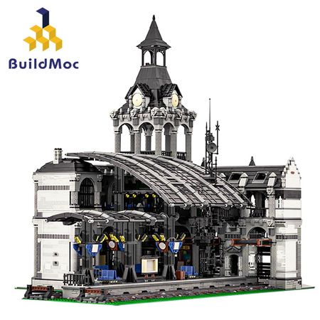 Buildmoc Retro 80s City Street Scene Train Station Building Blocks Modular Construction Block Model 37719 for Children Gift Toys