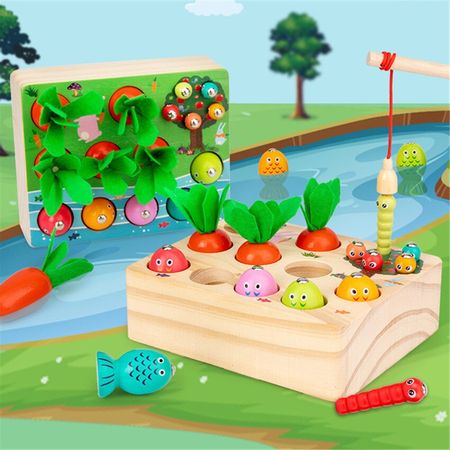3 in 1 Montessori Wooden Colorful Fishing Game Toys for Children Pull Carrots Early Education Wood Catch Insect Christmas Gifts