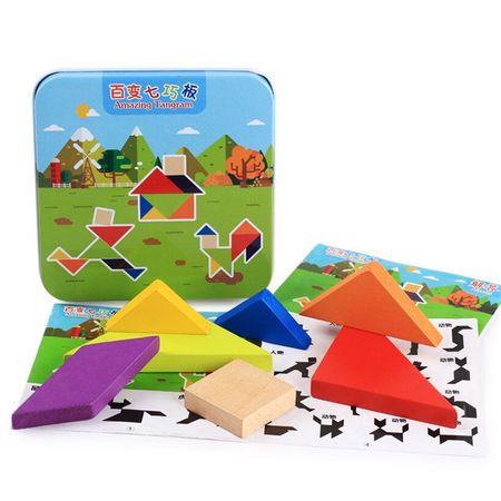 Wooden Colorful Tangram 3D Puzzle Jigsaw Toy for Kids Montessori Educational Sorting Games Geometric Shapes Cognitive Baby Toys