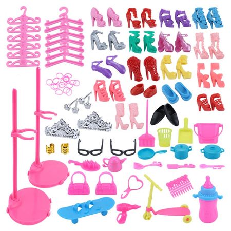 73 Item/Set Doll Accessories=18 Shoes+23 Hair Accessories+16 Doll House Furniture+12 Hangers+2 Glasses+2 Bags for Barbie Doll