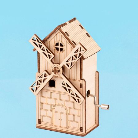DIY Wooden 3D Jigsaw Puzzle Handmade Hand Cranked Windmill Music Box Assembly Model Building Kits Learning Toys for Children