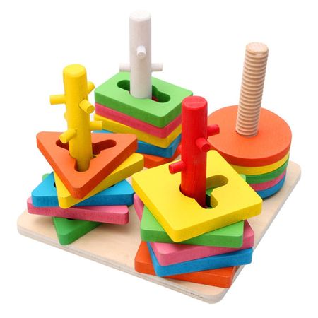 Kids Wooden Building Blocks Toys Geometric Shape Matching Game Four Column Pillar Educational Preschool Training Montessori Toy
