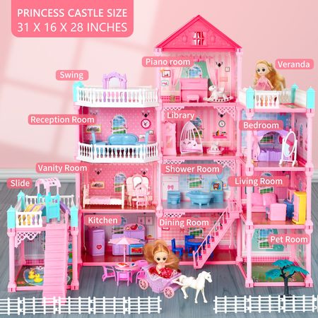 Big Princess DollHouses Kit DIY Villa With LED Light Pink Castle Set Furniture Playroom Assembled Building Toys For Girls Kids