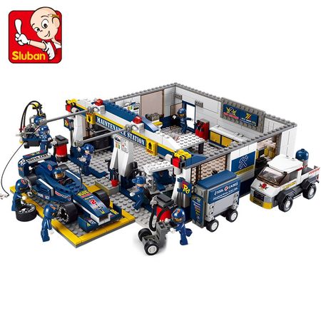 Sluban 741Pcs City F1 Racing Car Model vehicle repair station Garage Diy Building Blocks Bricks Enlighten Toys For Children Gift