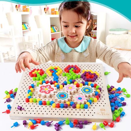 Wooden Colorful 3D Mushroom Nail Kit Puzzle Kids Math Toys Creative Assembling  Inserting Games Intellectual Education Wood Toy