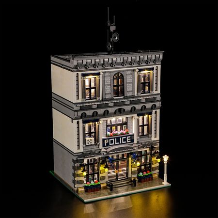 BuildMOC 21474 LED City Police Station Motorbike Helicopter Model Building Blocks Bricks Kits Compatible with City 60047